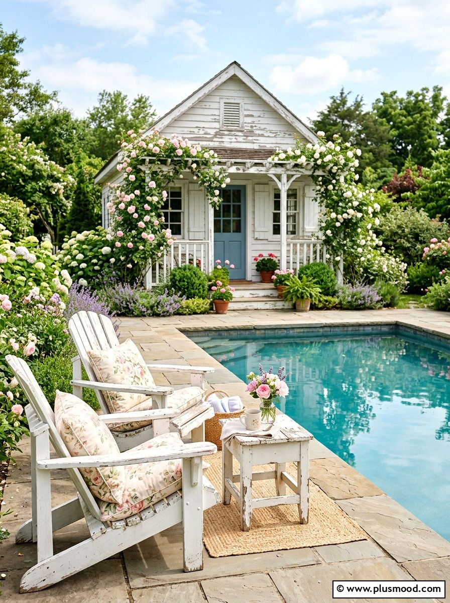 Shabby chic poolside cottage - 25 summer cozy poolside nook ideas