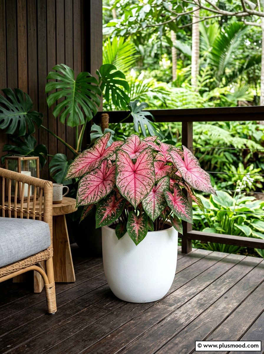 Shade Caladium Tropical Pot - 25 summer low maintenance planter ideas