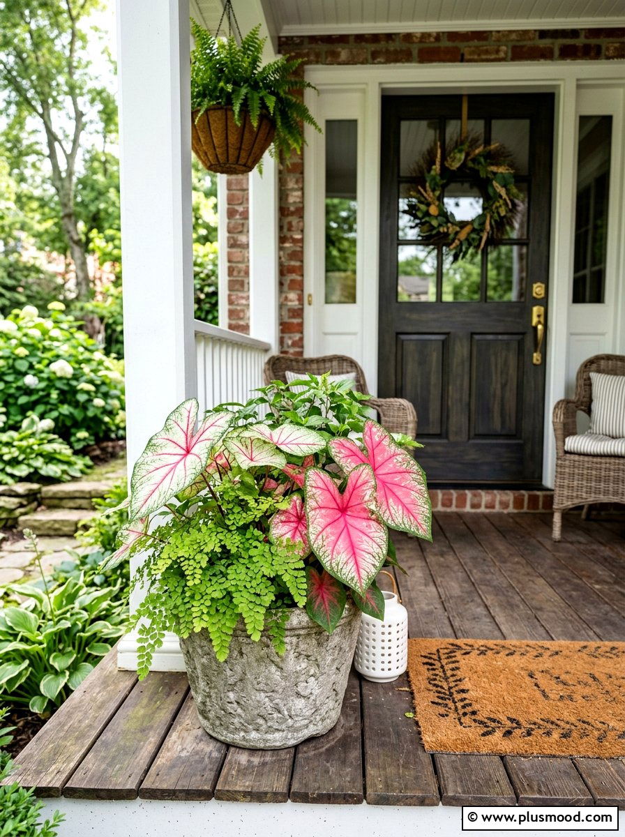 Shade Loving Caladium And Fern - 25 summer mixed container ideas