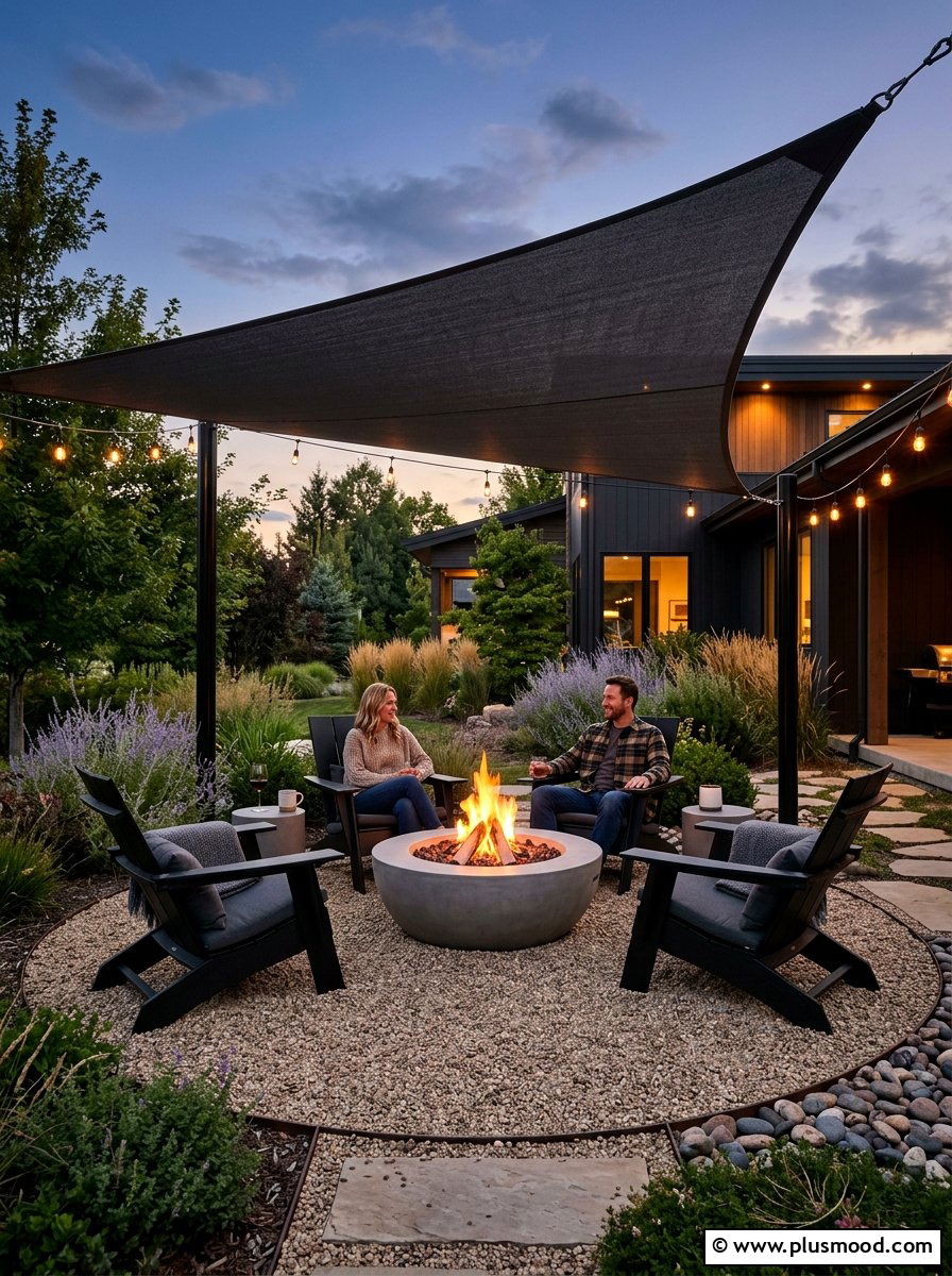 Shade Sail Over Modern Fire Pit Area - 25 small backyard ideas with shade sail