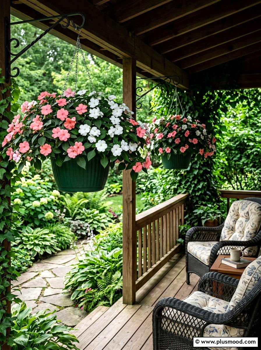 Shade impatiens hanging baskets - 25 summer front porch decor ideas with hanging baskets