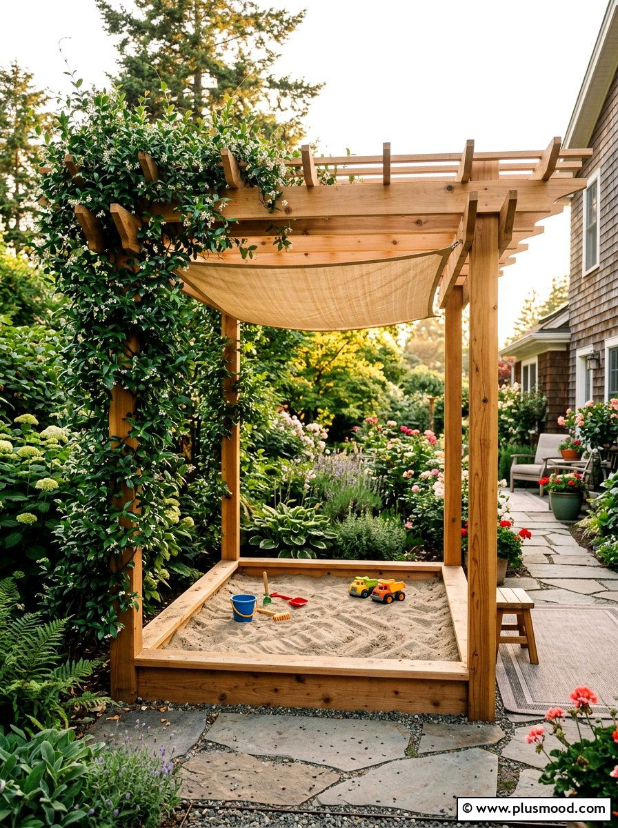 Shaded Pergola Sandbox - 25 small backyard ideas with sandbox