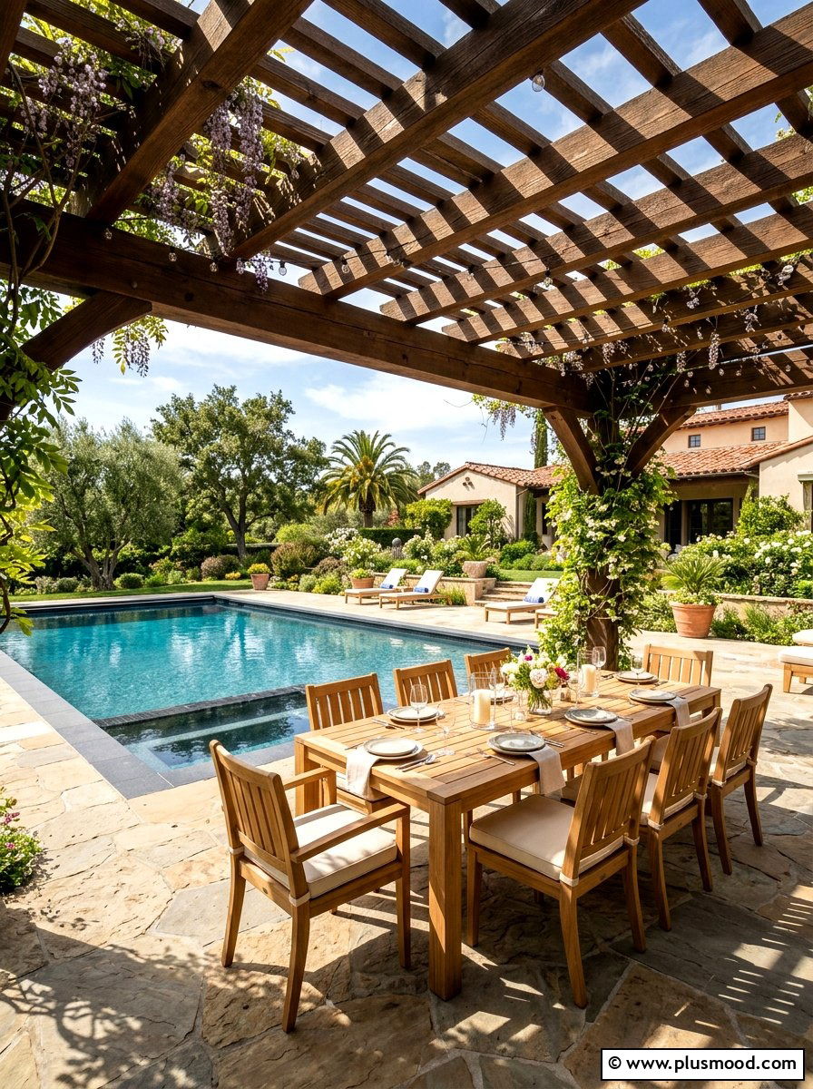 Shaded Pergola - 25 summer poolside seating ideas