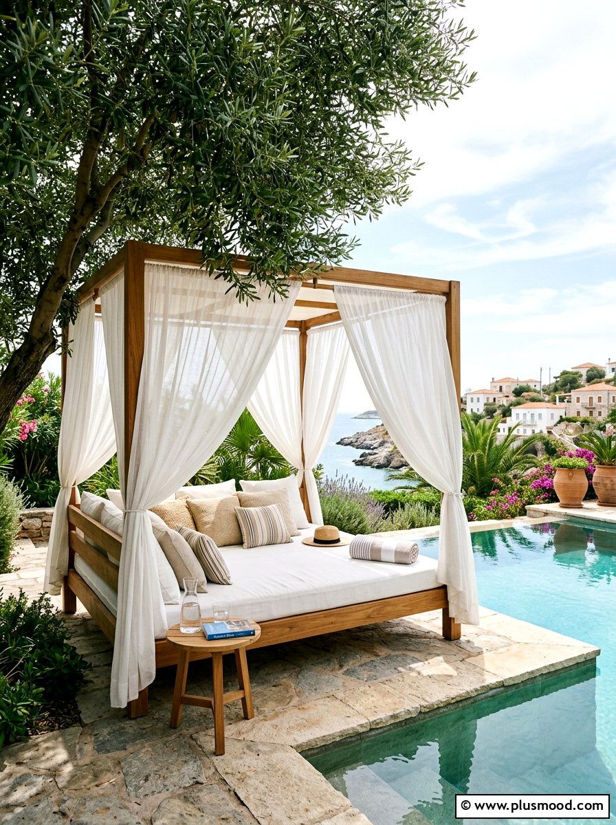 Shaded Pool Daybed - 25 pool landscaping ideas for Mediterranean style