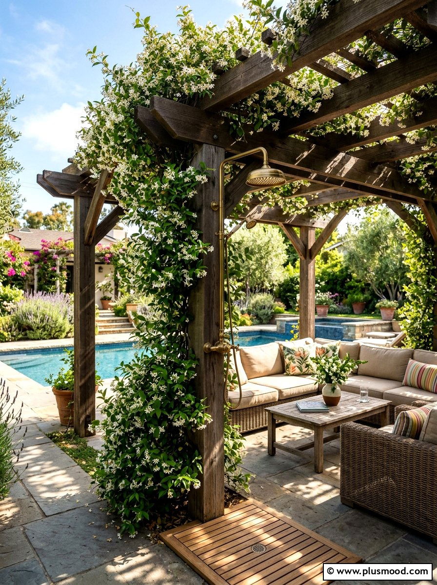 Shaded Pool Pergola With Outdoor Shower - 25 pool landscaping ideas with outdoor shower