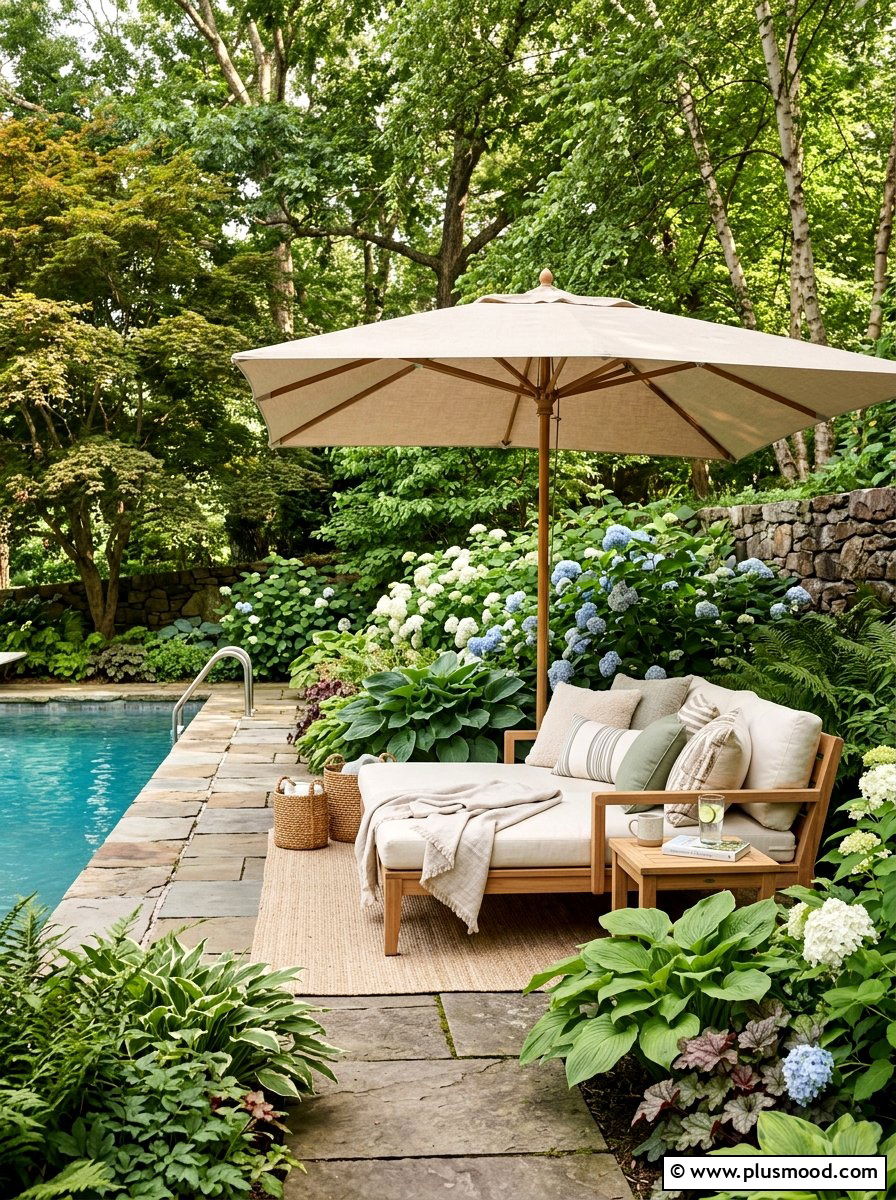 Shady poolside retreat - 25 pool landscaping ideas with outdoor seating
