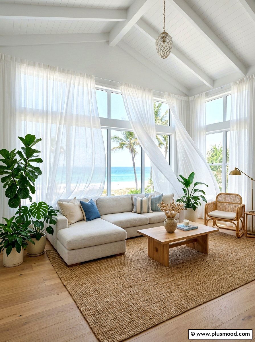 Sheer Breezy Curtains - 25 summer tropical living room ideas