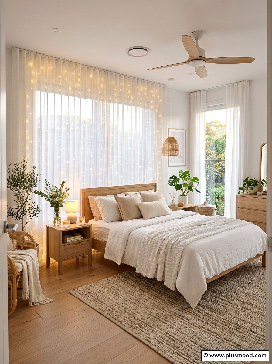 Sheer Curtain Fairy Lights - 25 summer bedroom lighting ideas