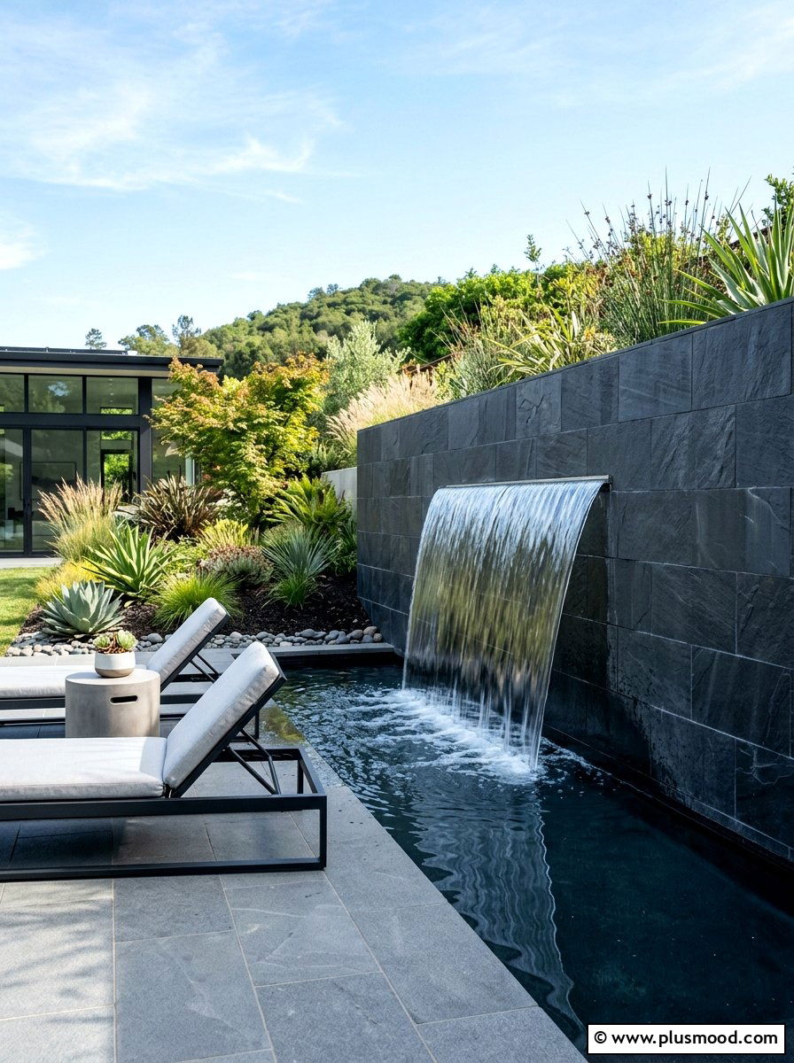Sheer Descent Waterfall - 25 pool landscaping ideas with waterfalls