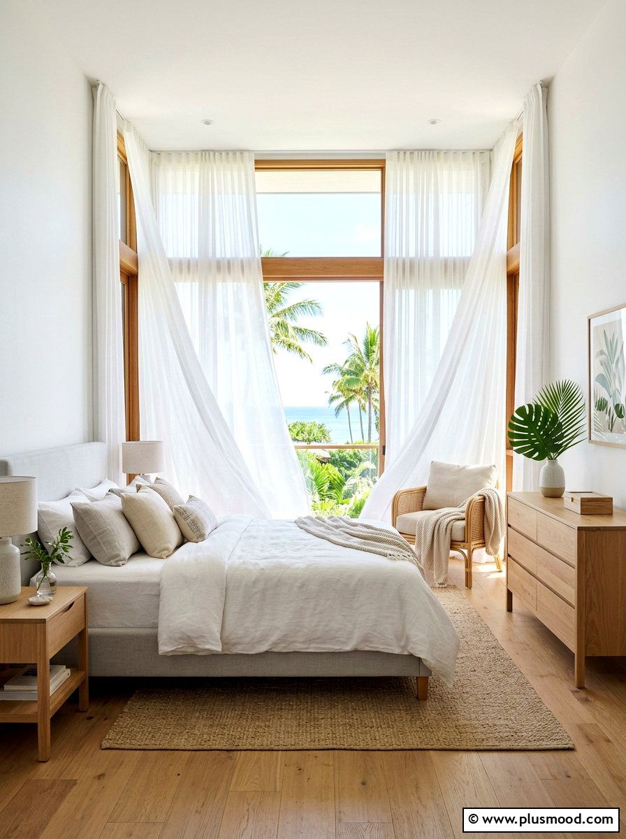 Sheer Linen Curtain - 25 summer tropical bedroom ideas