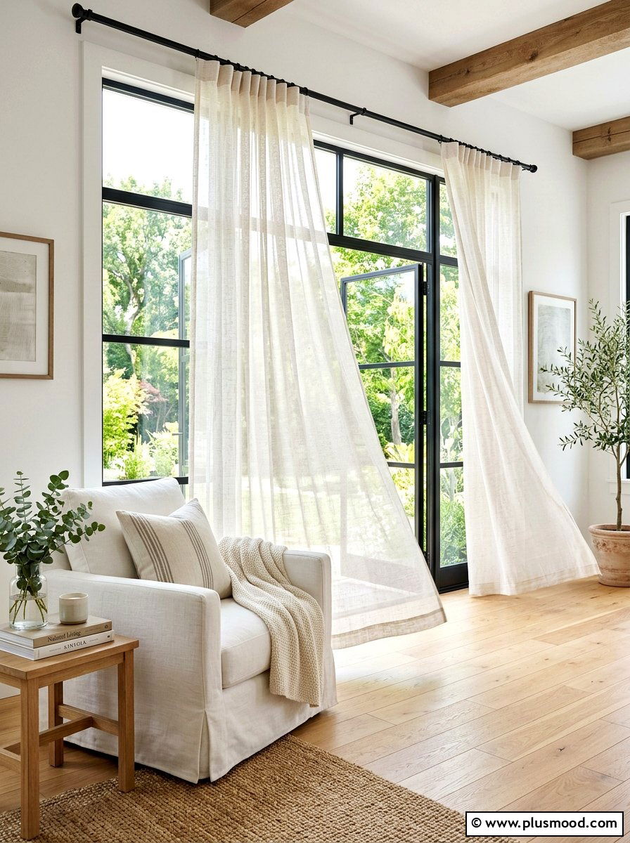 Sheer Linen Curtain - 25 farmhouse summer living room ideas