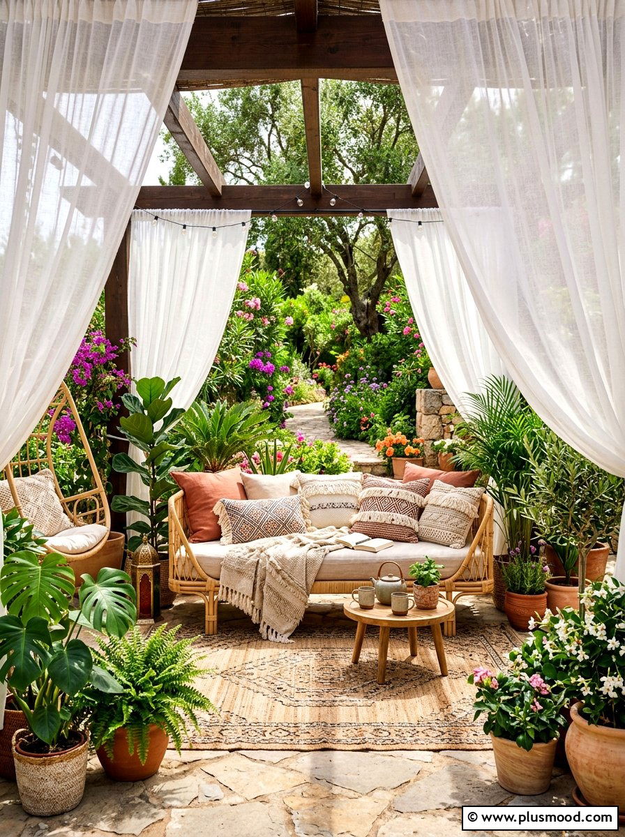 Sheer White Curtain - 25 summer boho patio decor ideas