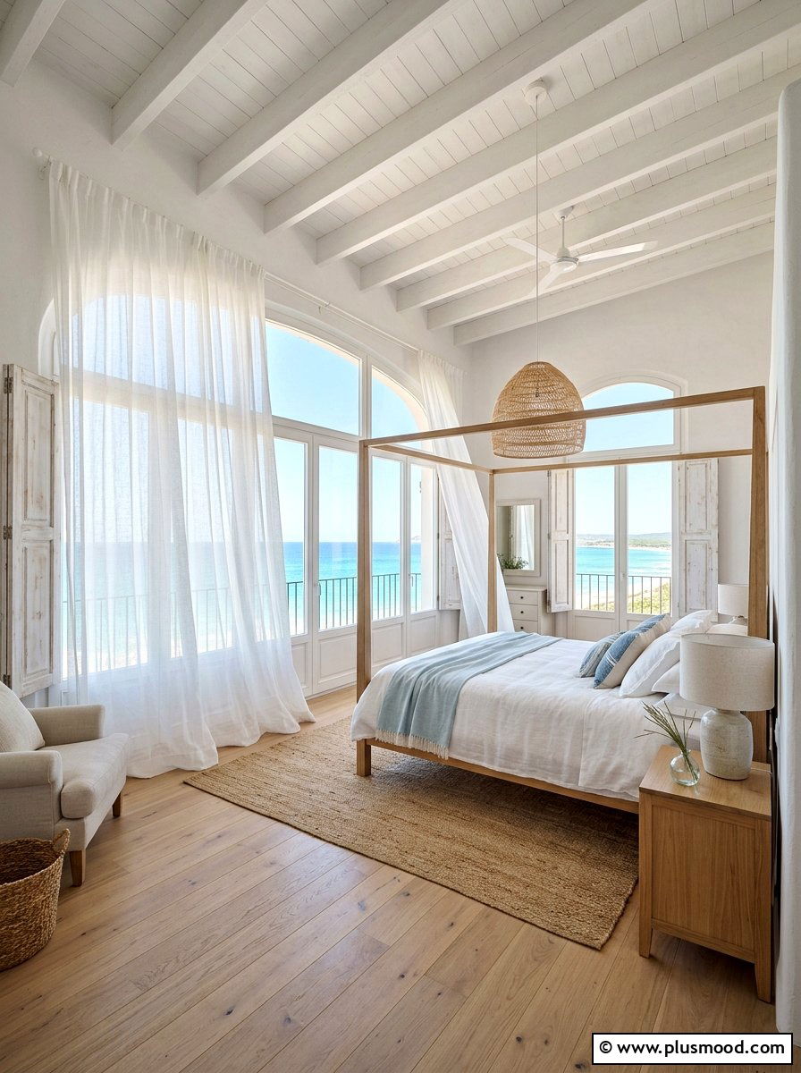 Sheer White Curtain Coastal Bedroom - 25 summer coastal farmhouse bedroom ideas