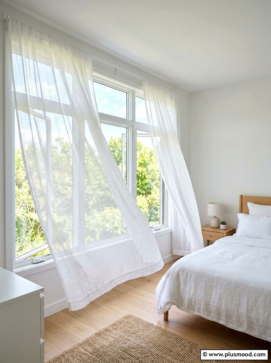 Sheer white curtain - 25 late summer bedroom decor ideas