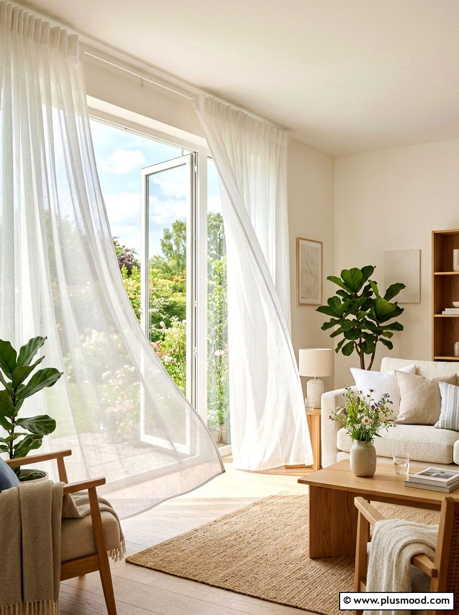 Sheer white window curtain - 25 summer family room decor ideas