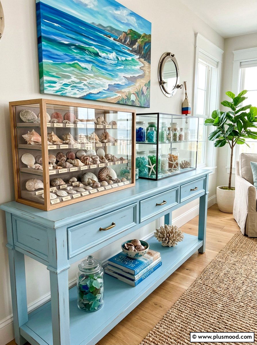 Shell Collection Display Console - 25 summer seasonal entry decor ideas