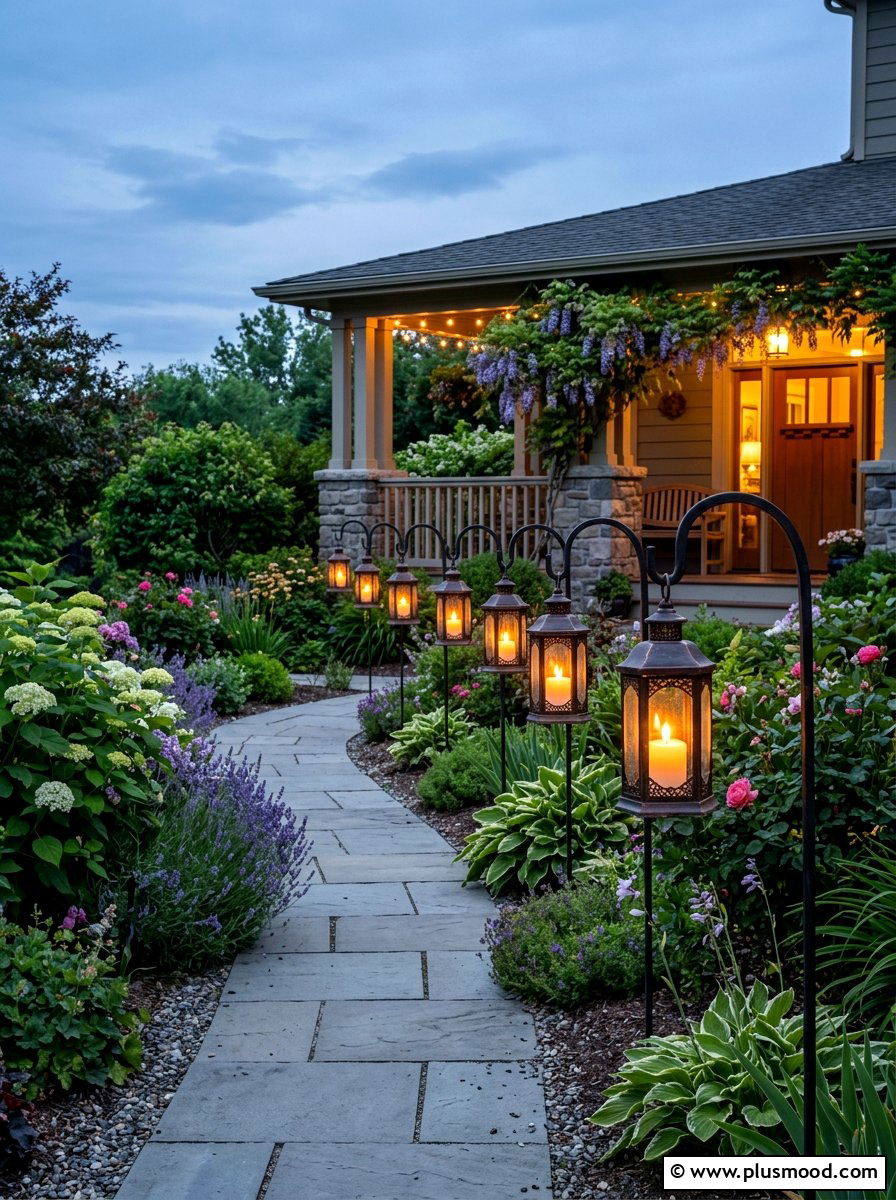 Shepherds Hooks Lanterns - 25 budget summer front porch decor ideas
