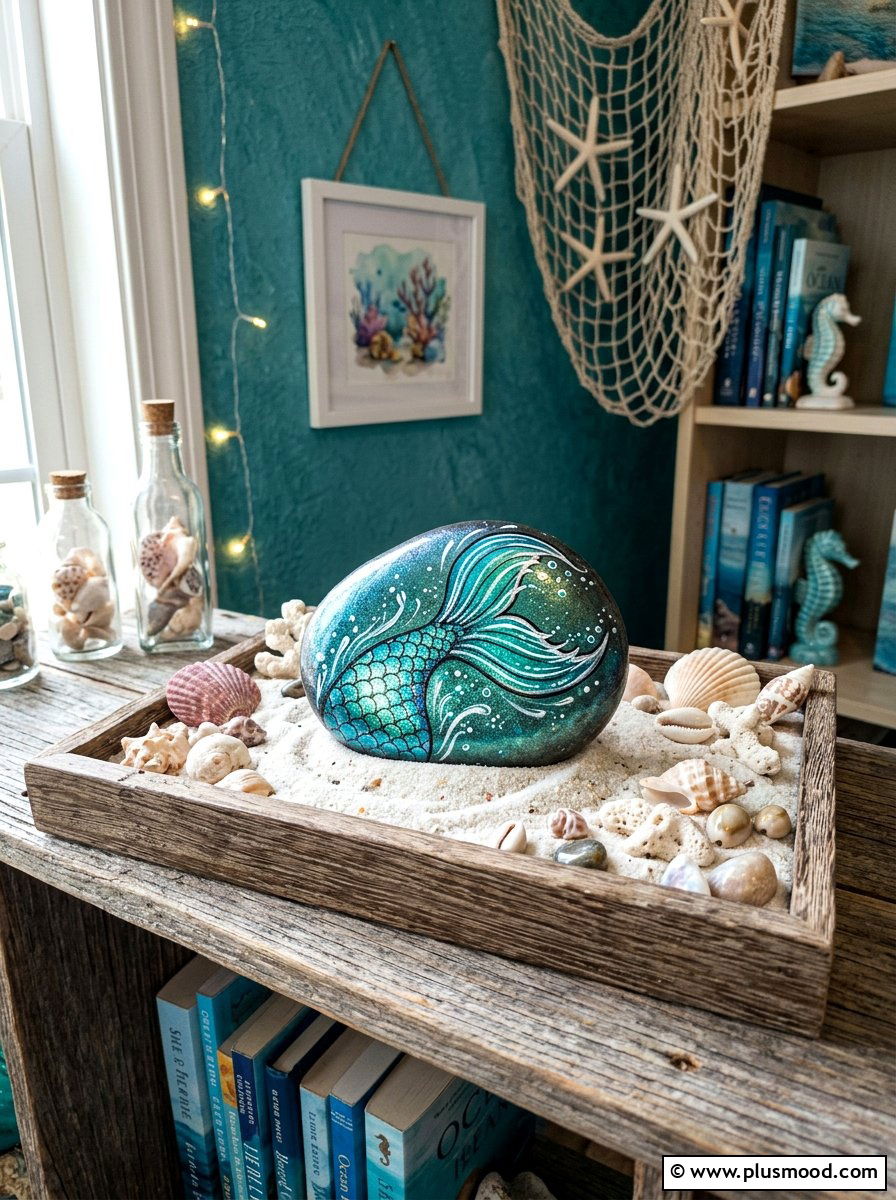 Shimmering Mermaid Tail Painted Rock Gift - 25 painted rock ideas for kids birthday gifts