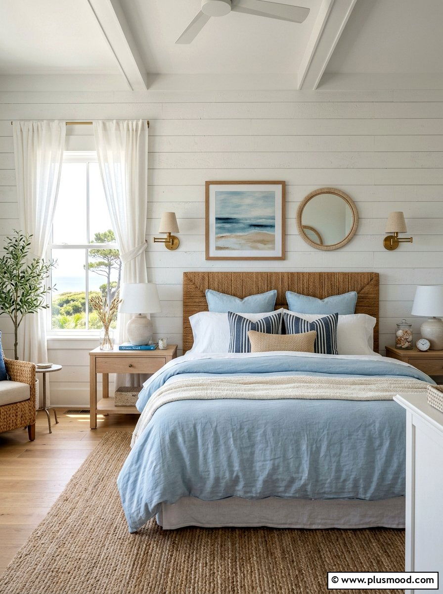 Shiplap Coastal Bedroom Wall - 25 summer coastal decor ideas