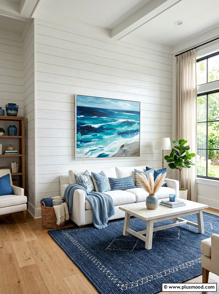 Shiplap walls with blue decor - 25 summer decor ideas with blue and white