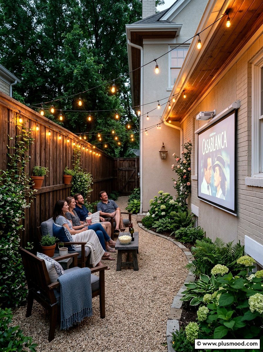 Side Yard Movie Setup - 25 small backyard ideas with movie screen