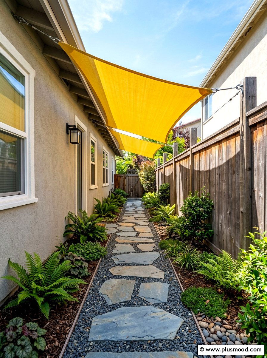 Side Yard Walkway With Narrow Shade Sail - 25 small backyard ideas with shade sail