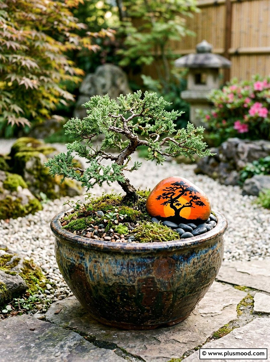 Silhouette sun tree - 25 painted rock ideas with sun design