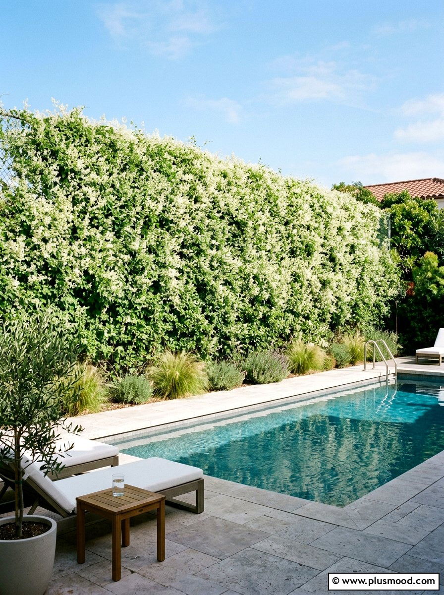 Silver Lace Vine Pool Privacy Fence - 25 pool landscaping ideas with climbing plants