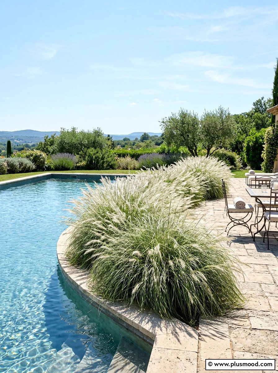 Silvergrass shimmering pool border - 25 pool landscaping ideas with ornamental grasses