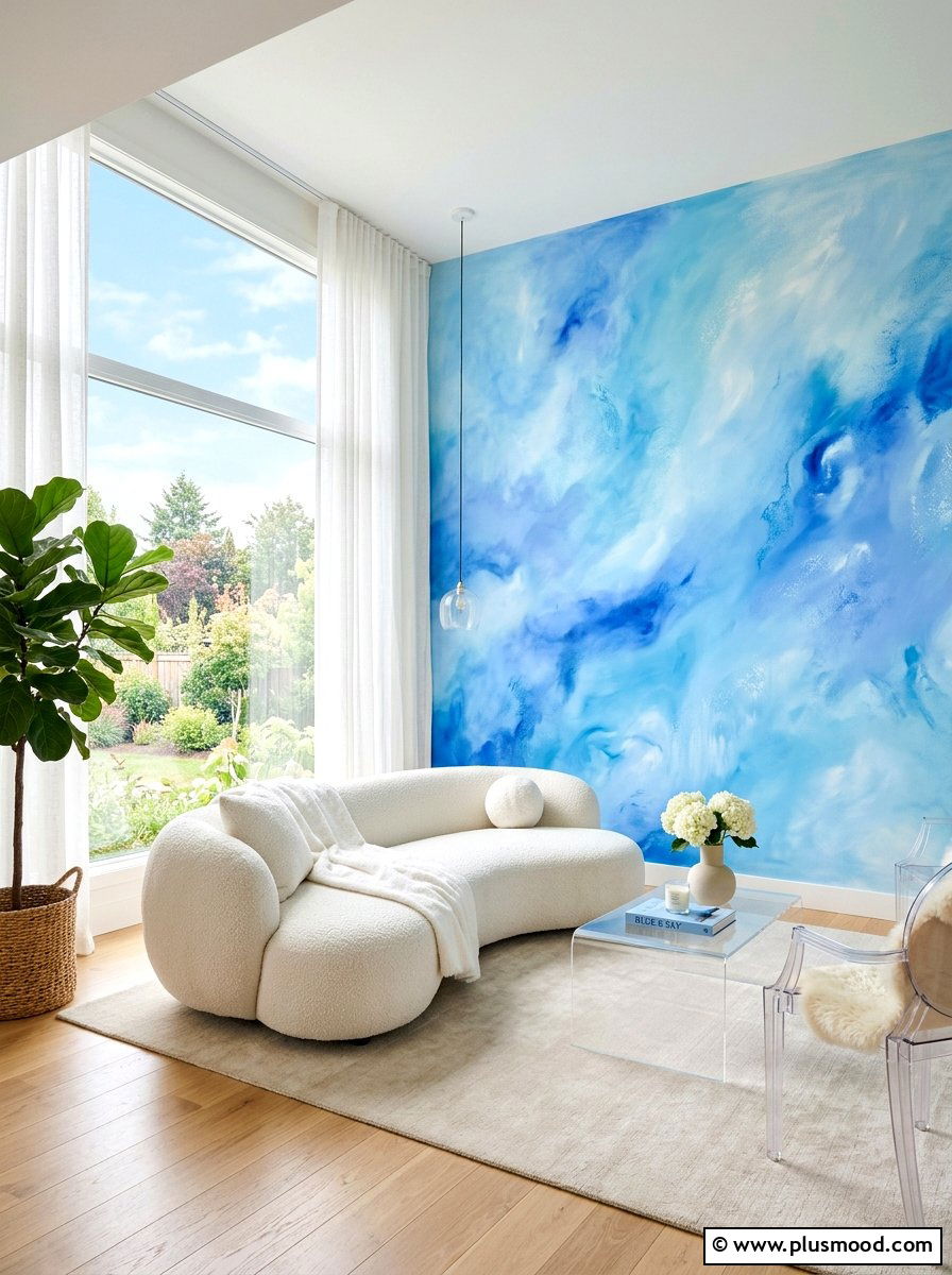 Sky Blue Abstract Mural - 25 summer wall art ideas for living room