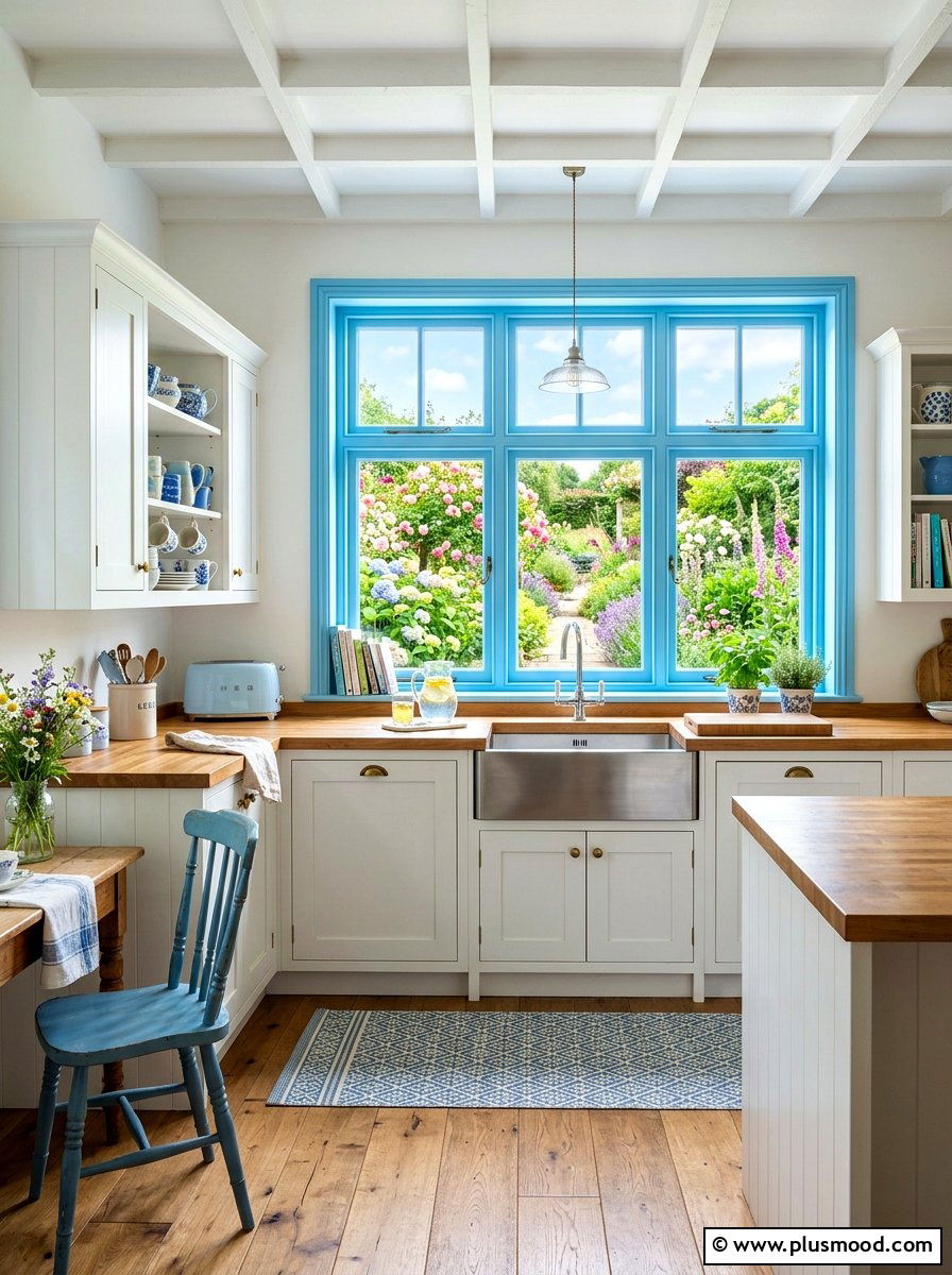 Sky blue window trim - 25 summer cottage kitchen ideas