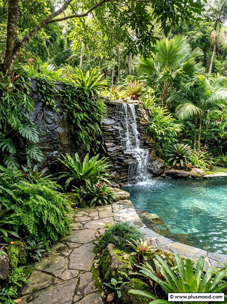 Slate tile pool waterfall - 25 pool landscaping ideas with tile accents