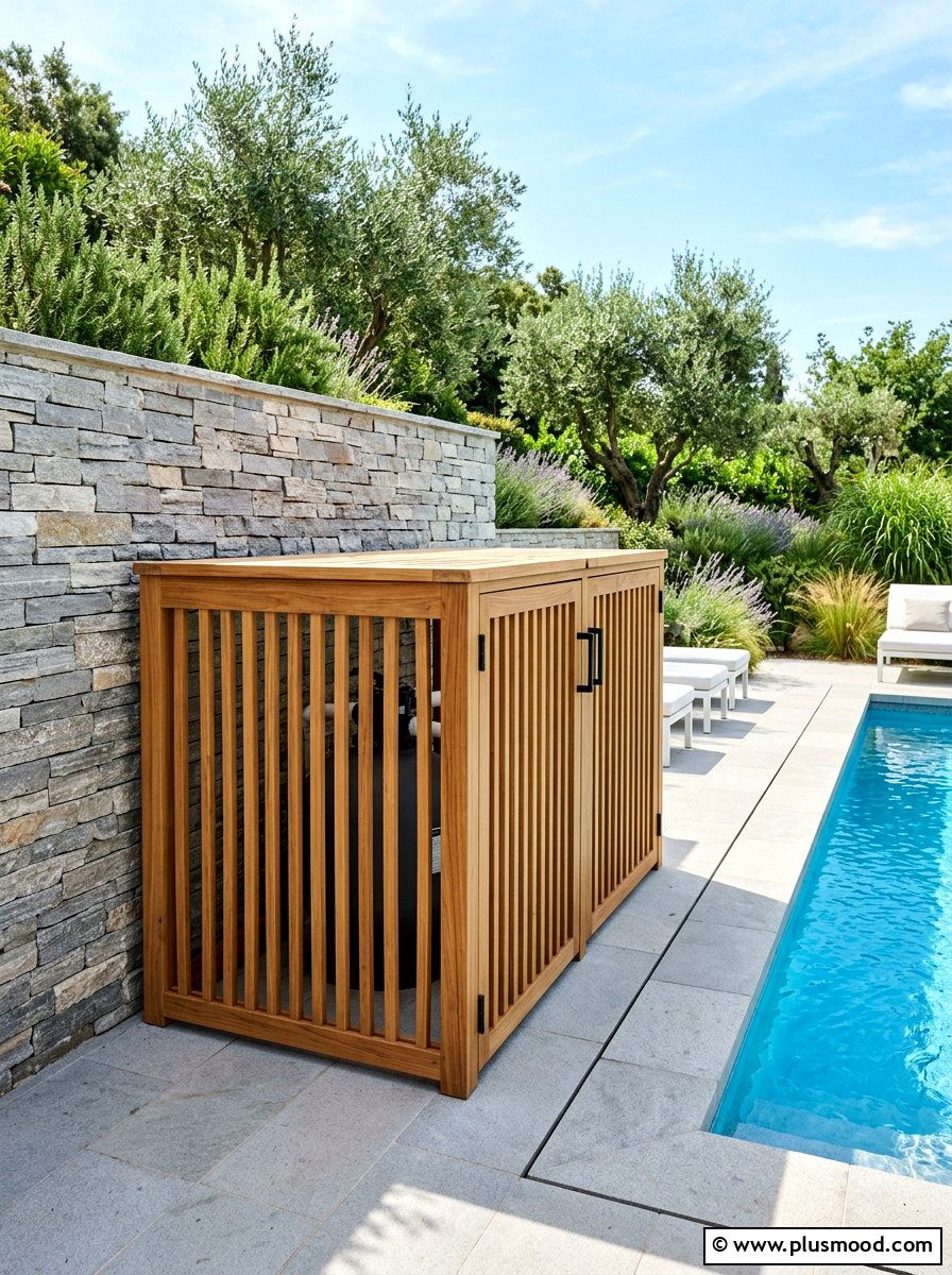 Slatted Wood Enclosure - 25 summer pool storage ideas