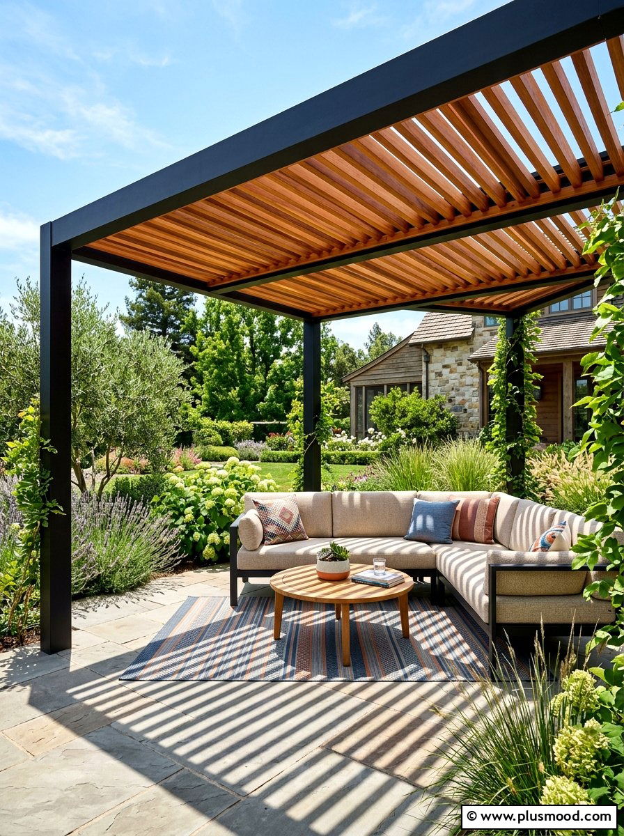 Slatted Wood Pergola - 25 summer backyard modern ideas