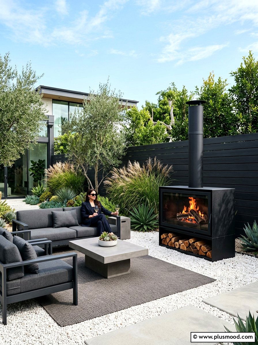Sleek black outdoor fireplace for modern yard - 25 small backyard ideas with outdoor fireplace