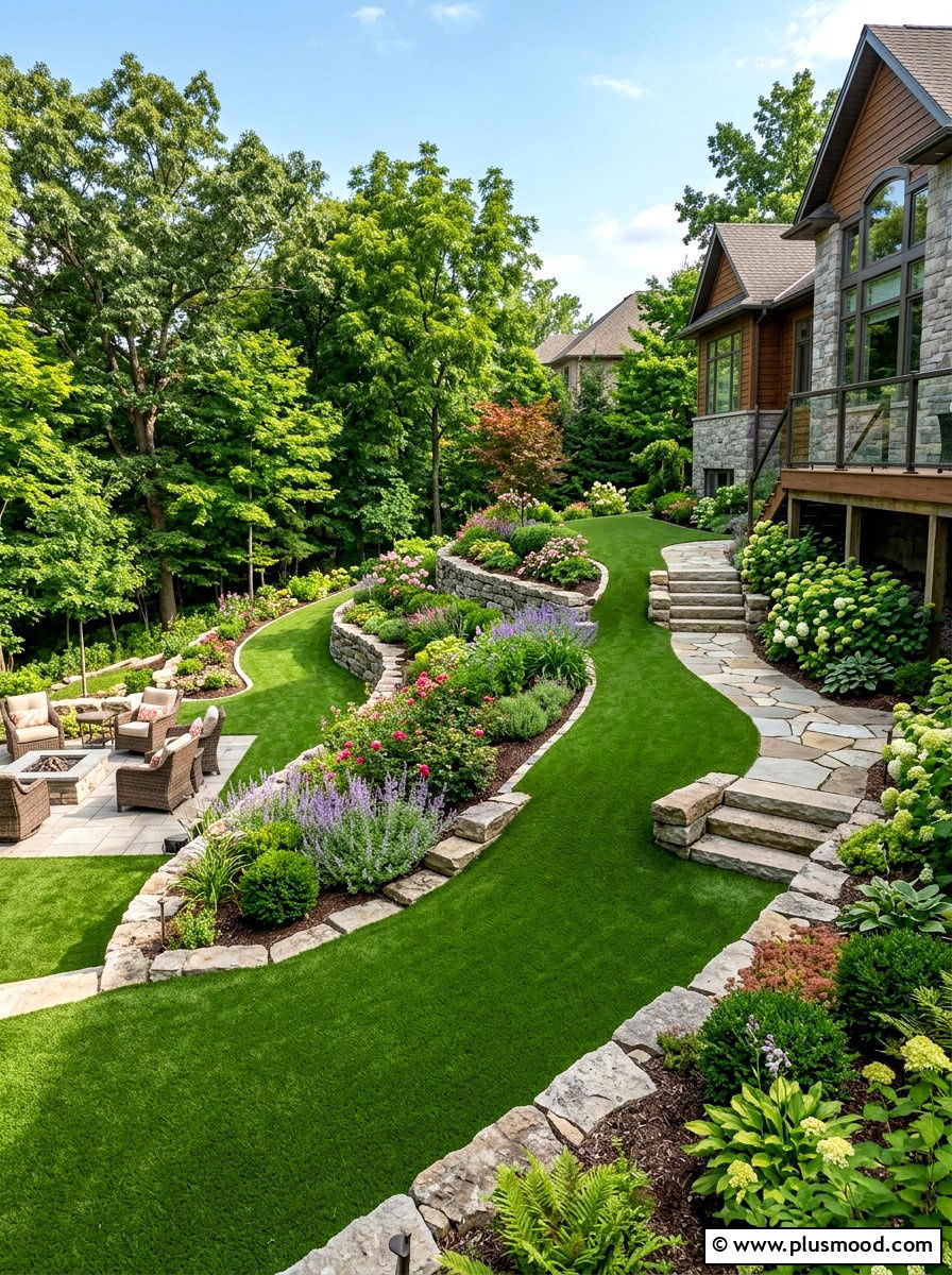 Slope landscaping with turf - 25 small backyard ideas with artificial turf
