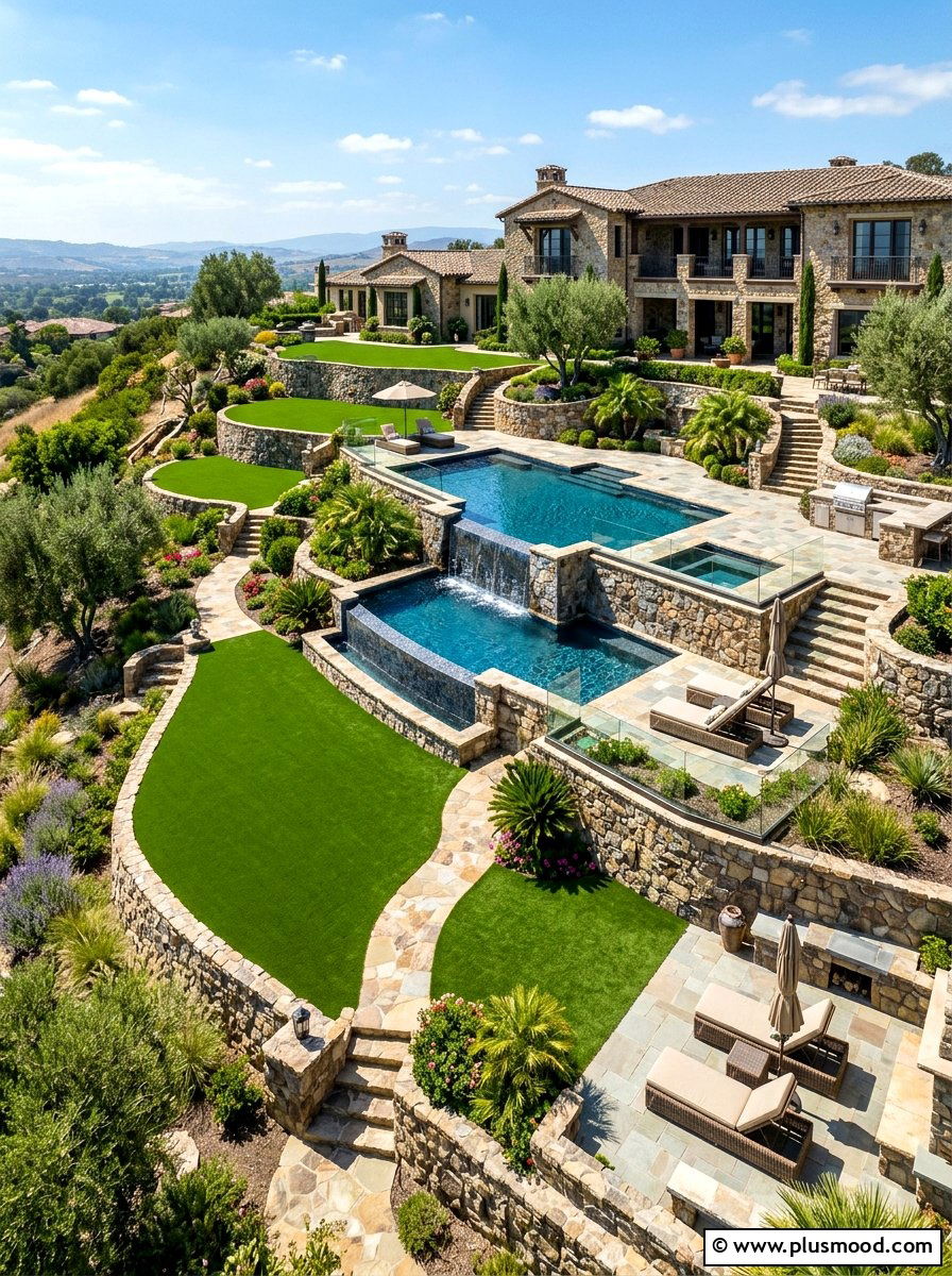 Sloped backyard pool with turf tiers - 25 pool landscaping ideas with artificial turf