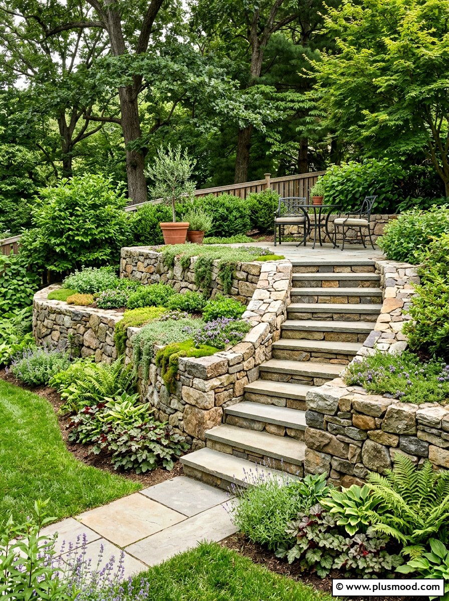 Sloped backyard stone wall - 25 small backyard ideas with stone wall
