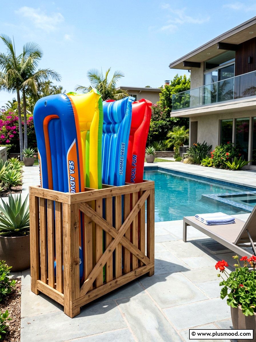 Slotted Wood Crate - 25 summer pool float storage ideas