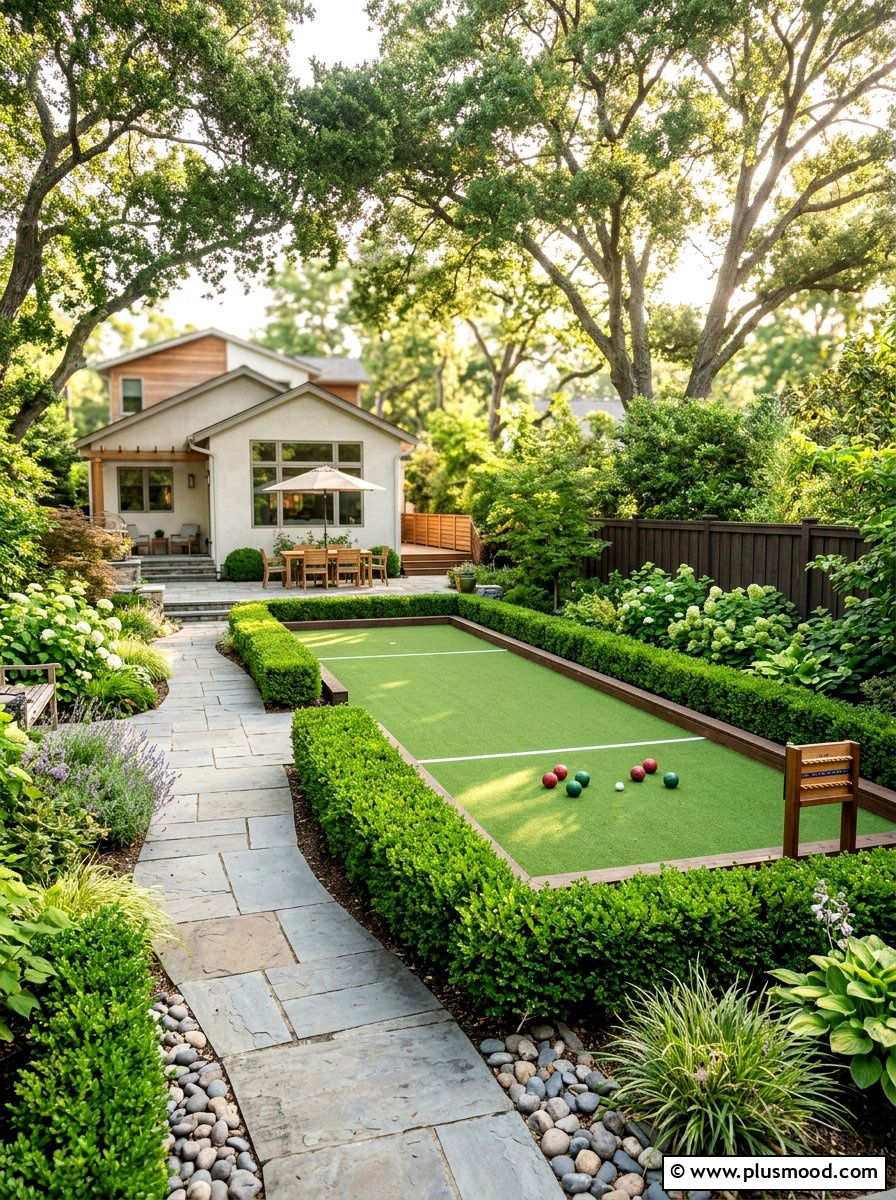 Small backyard bocce court with synthetic turf - 25 small backyard ideas with bocce court