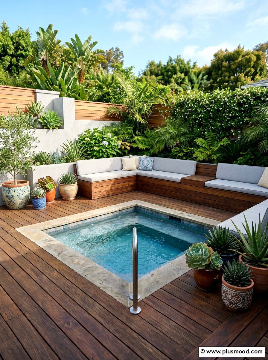 Small backyard corner pool with wood deck - 25 pool landscaping ideas for corner pools