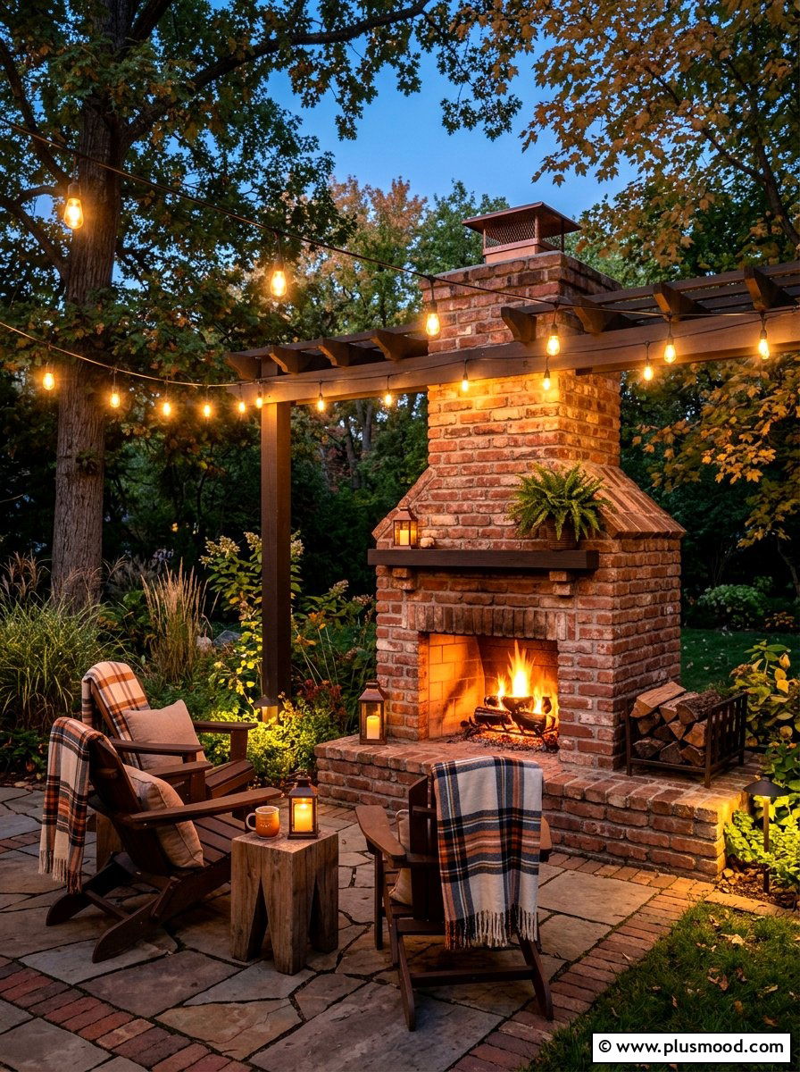 Small backyard fireplace with string lights - 25 small backyard ideas with outdoor fireplace
