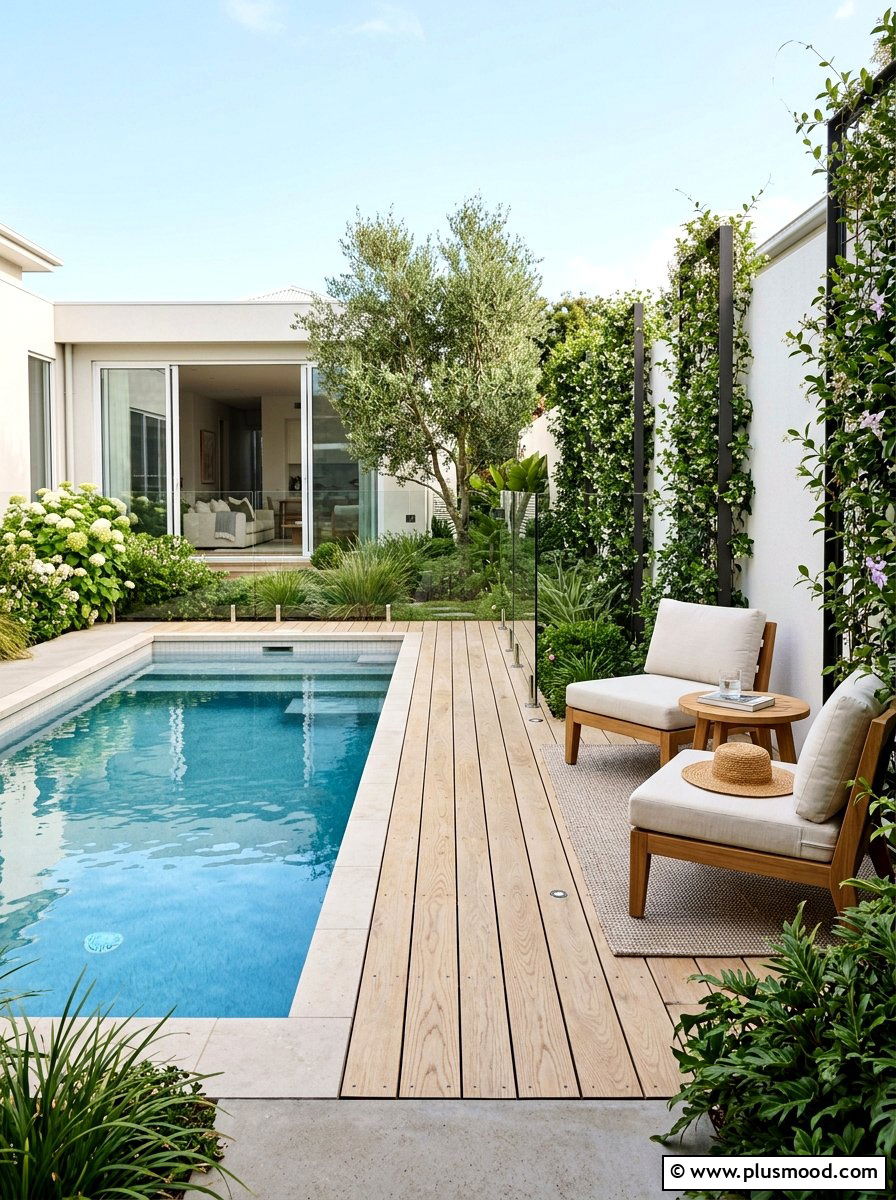 Small backyard pool with narrow wood deck - 25 pool landscaping ideas with wooden deck