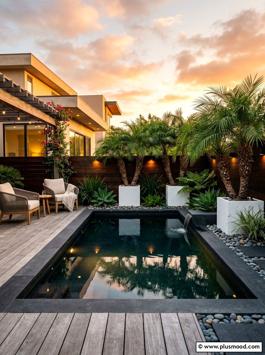 Small backyard pool with pygmy date palms - 25 pool landscaping ideas with palm trees