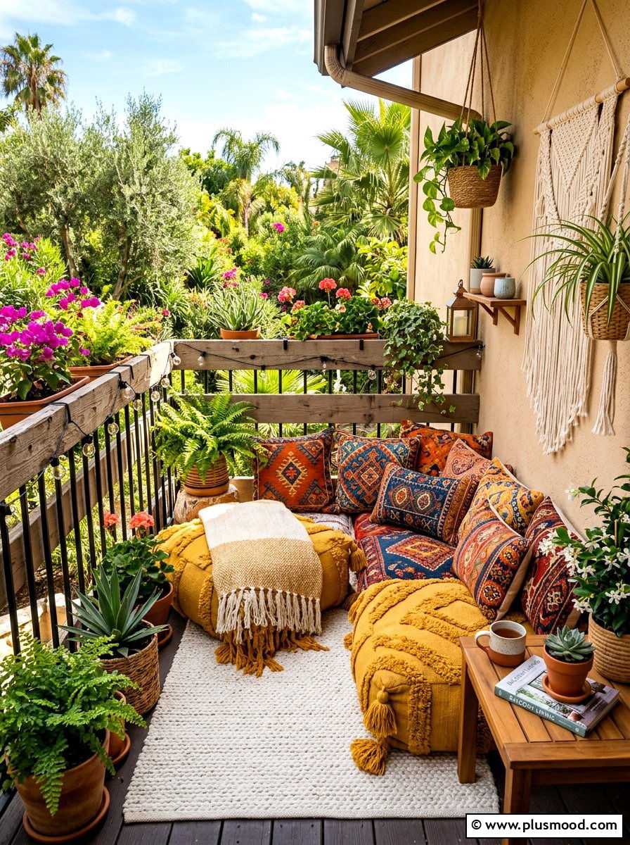Small boho balcony with floor cushions - 25 summer boho balcony ideas