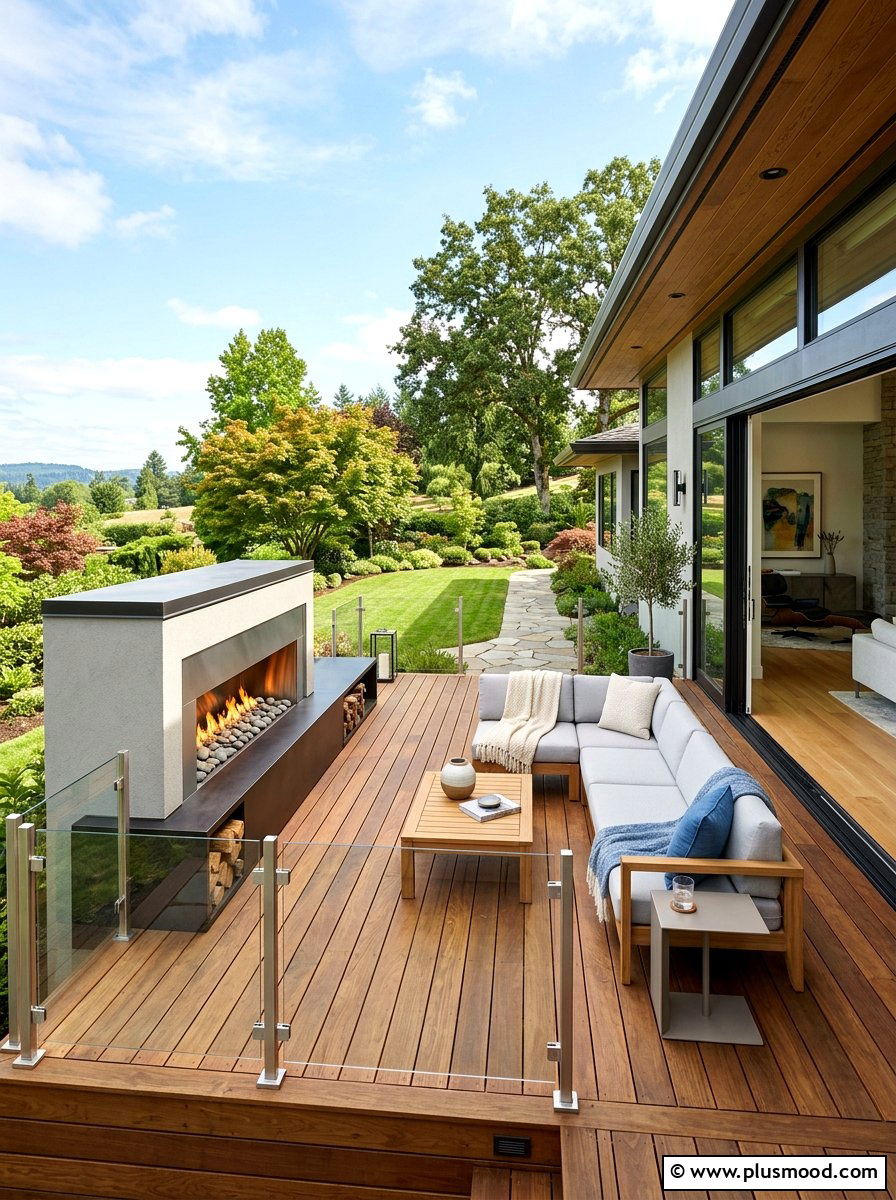 Small fireplace on raised wooden deck - 25 small backyard ideas with outdoor fireplace
