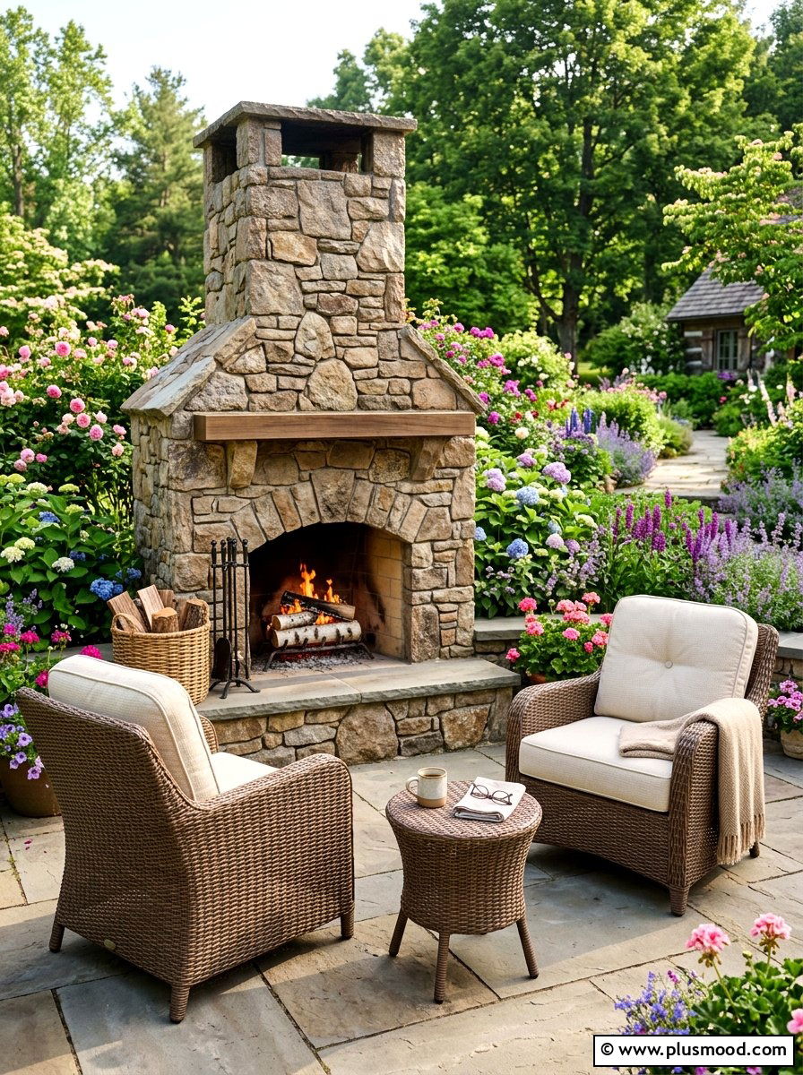 Small patio fireplace with wicker chairs - 25 small backyard ideas with outdoor fireplace