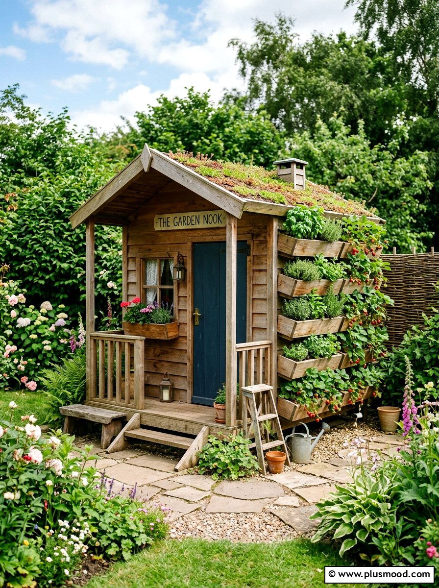 Small playhouse with vertical garden wall - 25 small backyard ideas with playhouse