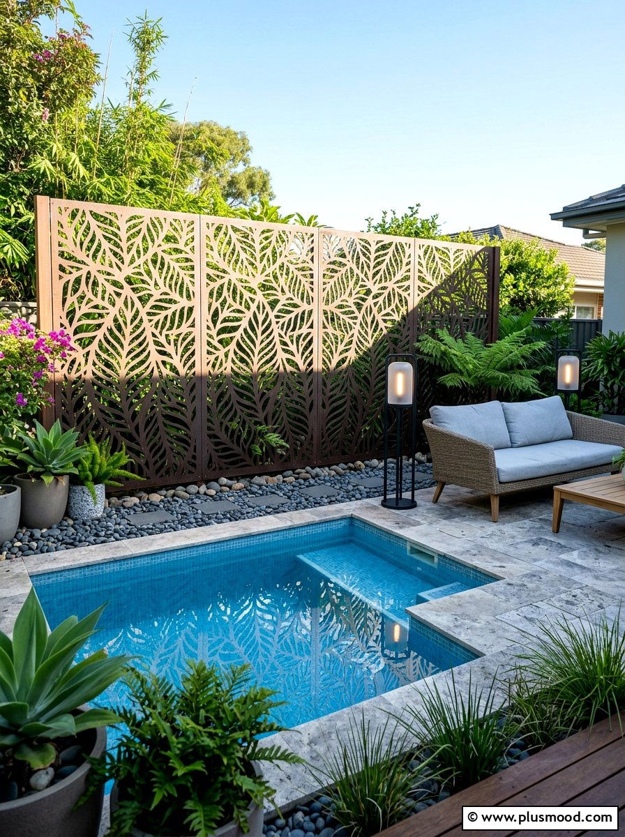 Small pool with decorative privacy screen - 25 pool landscaping ideas for kids pools
