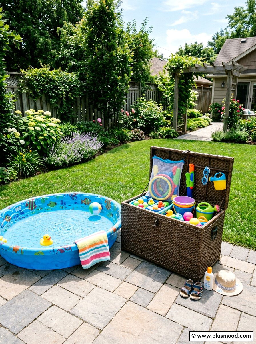 Small pool with outdoor toy storage - 25 pool landscaping ideas for kids pools